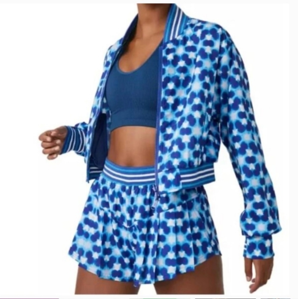 Free People Movement Top Seed Tennis Jacket Cropped Blue & White Nwot